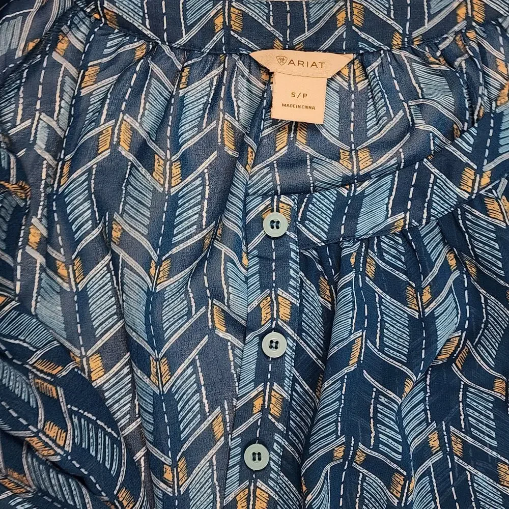Ariat Blue Geometric Boho Peasant‎ Blouse Long Sleeve Small